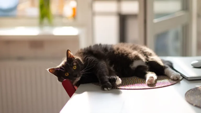 Dlaczego kot zrzuca rzeczy? Szary kot szkocki zwisłouchy dotyka łapką miski, co ilustruje, dlaczego koty zrzucają rzeczy w ramach instynktu łowieckiego.