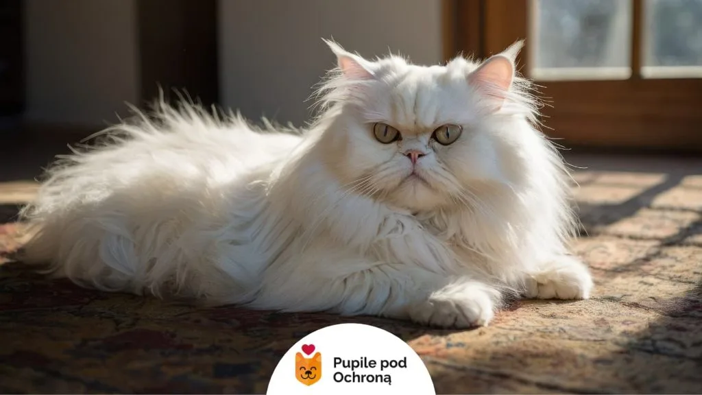 Biały kot perski leży na podłodze