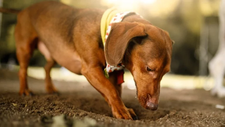 Brązowy jamnik z apaszką kopie łapkami w ziemi