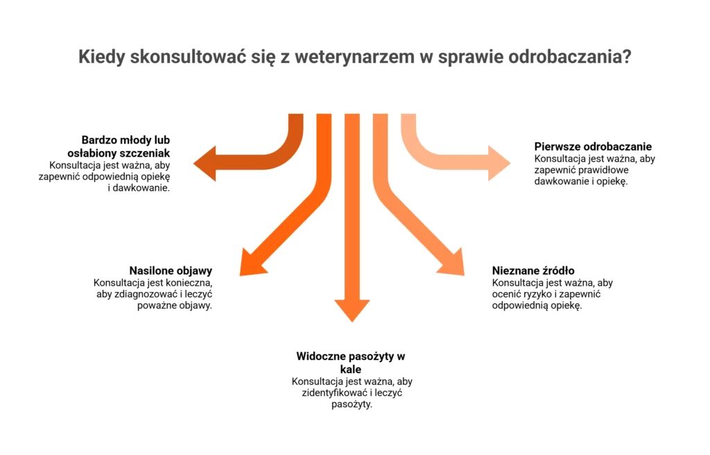 Grafika informacyjna o tym, kiedy odrobaczanie szczeniaka wymaga pilnej konsultacji z lekarzem weterynarii.