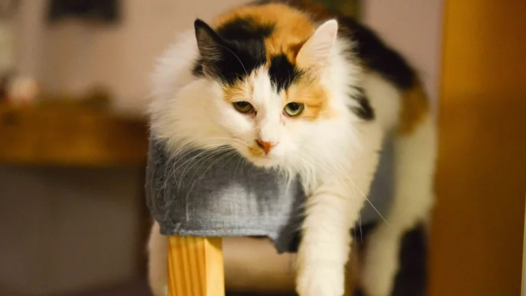 Trójkolorowy kot o długim futrze siedzi na jasnym, drewnianym stołku lub krześle. Kot ma białe futro z dużymi plamami czarnego i rudego koloru. Jego puszysty ogon zwisa w dół. Kot patrzy w dół z wyrazem ciekawości lub skupienia. Stołek jest pokryty szarym materiałem, który wydaje się być jego legowiskiem. Tło jest rozmyte, ale widać ciepłe, naturalne światło, prawdopodobnie z okna. Kot zajmuje centralną część kadru. Jego długie, białe wąsy są dobrze widoczne. Uszy kota są skierowane do przodu, co sugeruje, że jest zainteresowany czymś, co znajduje się poza kadrem. Futro kota jest puszyste i dobrze oświetlone, co podkreśla jego trójkolorowe umaszczenie. Cała scena emanuje spokojem i domową atmosferą.