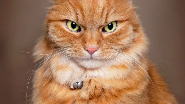 Portret pomarańczowego kota z intensywnym spojrzeniem. Kot ma długie, puszyste futro w odcieniach rudego i kremowego. Jego oczy są jasne, zielono-żółte, z wąskimi źrenicami, skierowane prosto w obiektyw, co nadaje mu wyrazisty i nieco surowy wygląd. Nad oczami widoczne są ciemniejsze pręgi, typowe dla umaszczenia tabby. Nos kota jest różowy, a wokół pyska widać długie, białe wibrysy. Na szyi kota znajduje się srebrny dzwoneczek zawieszony na ciemnym kołnierzyku, który jest częściowo ukryty w futrze. Tło jest jednolite, w odcieniach beżu i brązu, co skupia całą uwagę na portrecie zwierzęcia. Oświetlenie jest równomierne, podkreślające detale futra i wyraz oczu kota. Całość kompozycji jest bliska i intymna, pozwalająca na dokładne przyjrzenie się kociej twarzy i jej charakterystycznym cechom. Wyraz pyska kota może sugerować ciekawość, czujność lub lekkie zaniepokojenie.