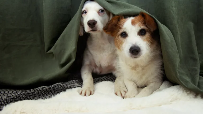 Dwa psy schowane pod zielonym kocem jako reakcja na stres u psa