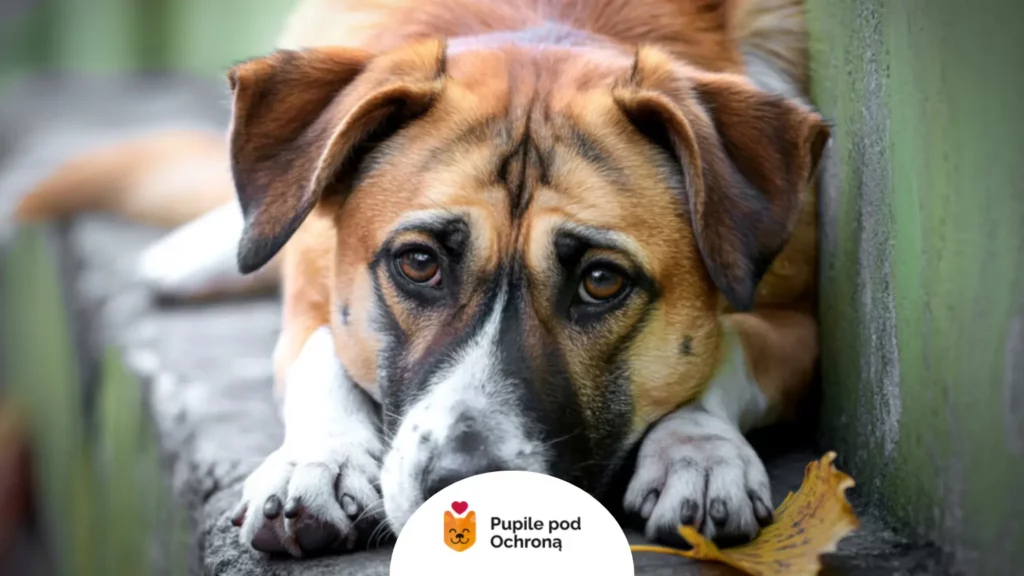 Pies ze smutnym spojrzeniem i skulonymi uszami sygnalizujący stres u psa