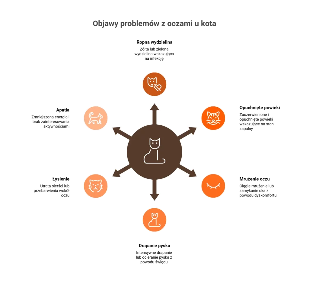Infografika przedstawiająca objawy alarmowe towarzyszące łzawieniu oka u kota.