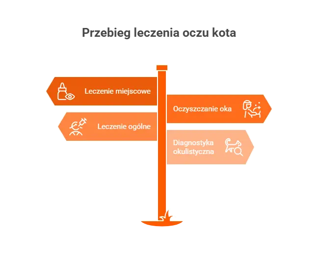Schemat przedstawiający przebieg leczenia oczu u kota: leczenie miejscowe, ogólne i diagnostyka.