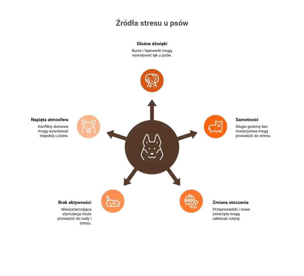 Pies liże swoje łapy ze stresu. Infografika pokazuje najczęstsze źródła lęku u psów.