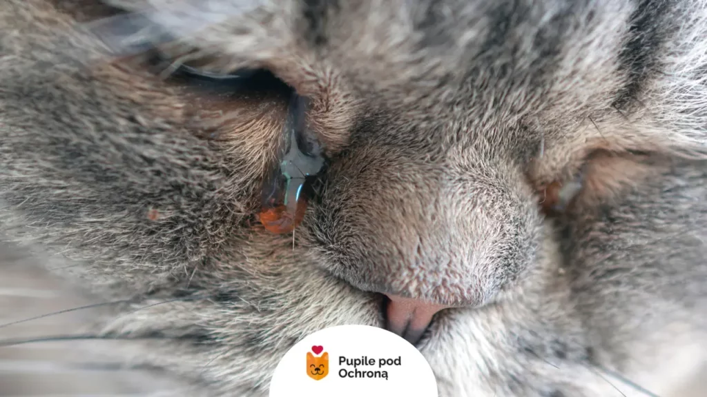 Zacieki i brązowe ślady pod okiem kota, jako objaw przewlekłego łzawienia.