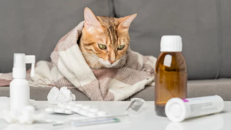 Przeziębienie u kota – chory mruczek owinięty w kocyk obok leków i termometru.
