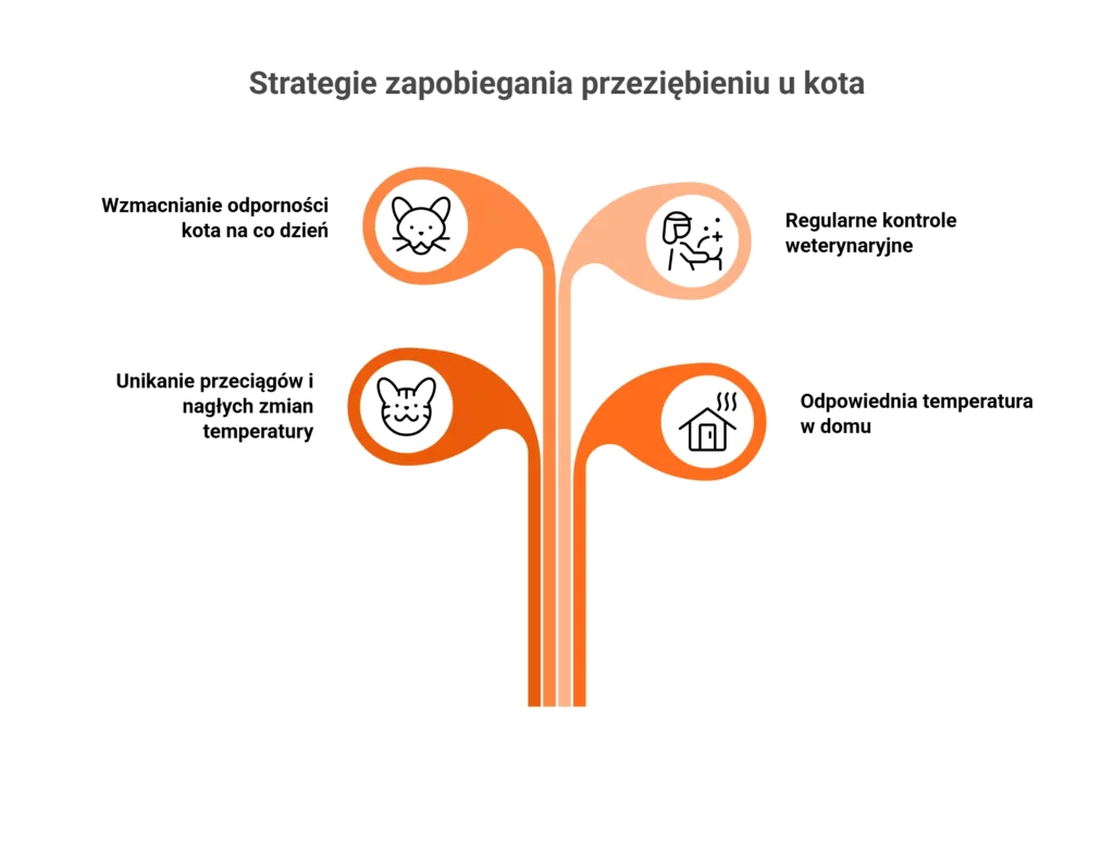 Infografika przedstawiająca cztery strategie na to, jak zapobiegać przeziębieniu u kota.