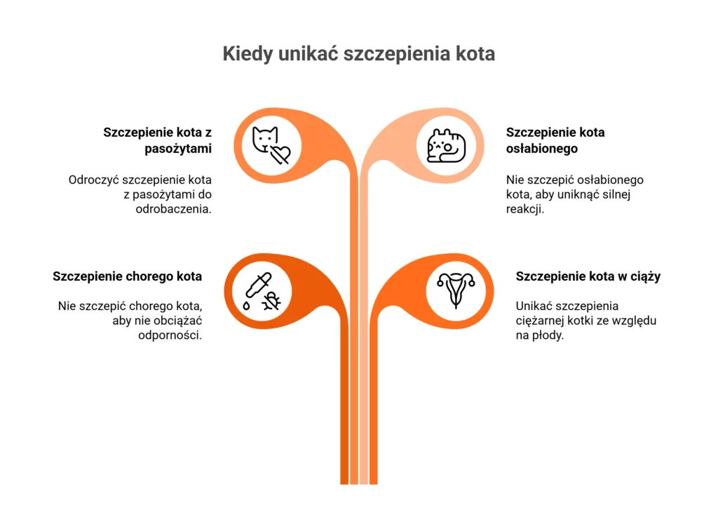 Infografika obrazująca sytuacje, w których szczepienie kota powinno zostać odroczone.