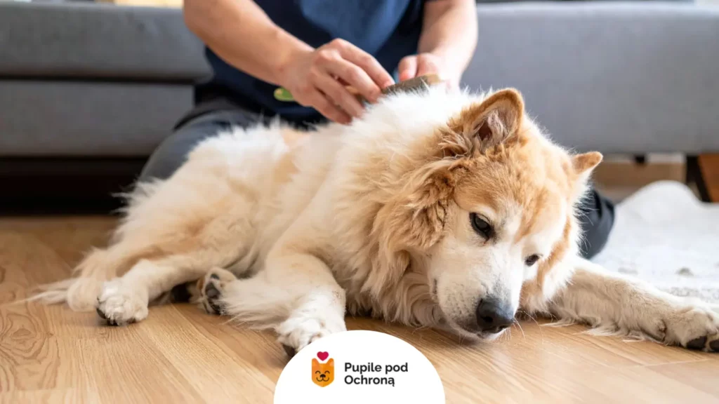 Opiekun wyczesuje jasnego psa szczotką, co pomaga kontrolować wypadanie sierści u psa.