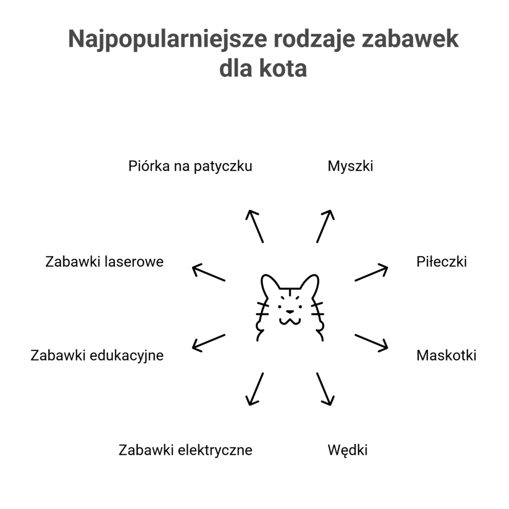 Schemat przedstawiający najpopularniejsze rodzaje zabawek dla kota, w tym wędki i myszki.