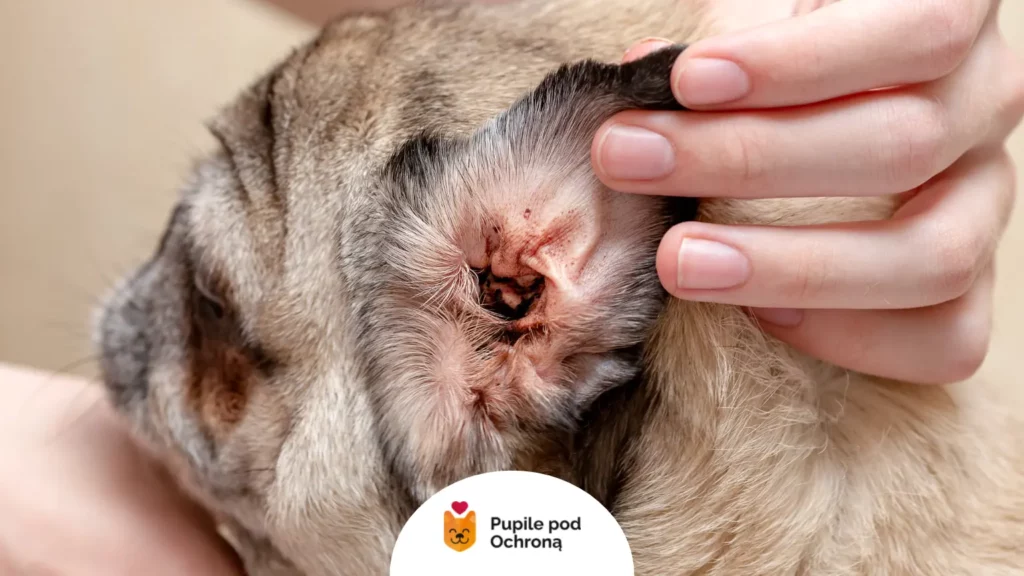 Widoczne zaczerwienienie i ciemna wydzielina w kanale słuchowym oznaczające zapalenie ucha u psa.