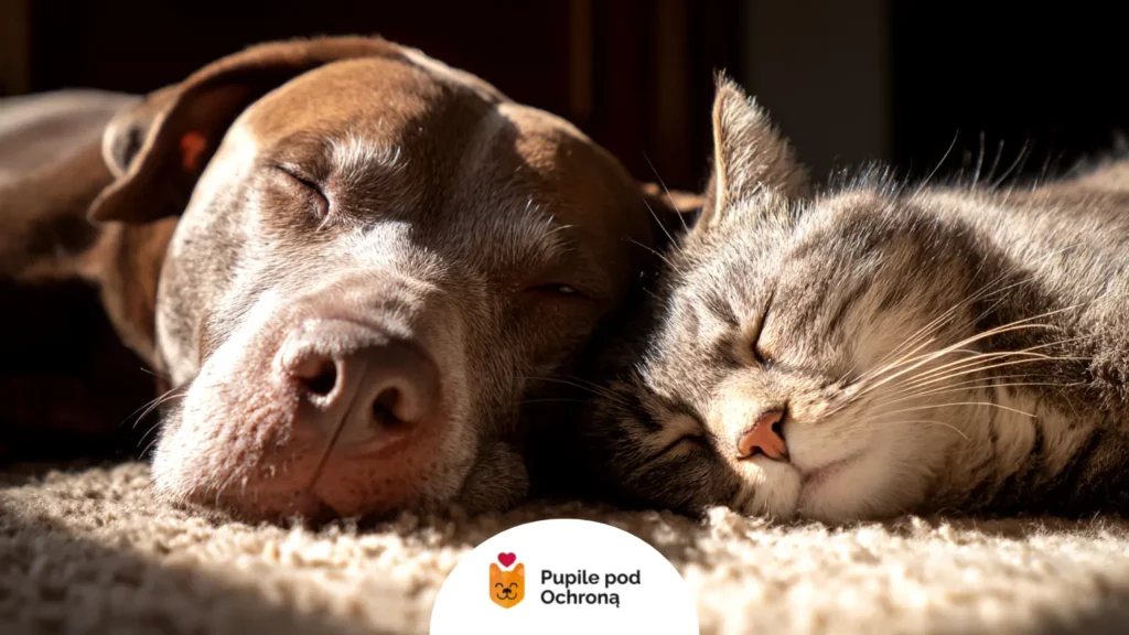 Pies i kot odpoczywający razem, narażeni na choroby odkleszczowe i anaplazmozę u kota.
