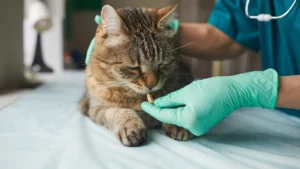 Weterynarz w rękawiczkach podaje lek na anaplazmozę u kota.