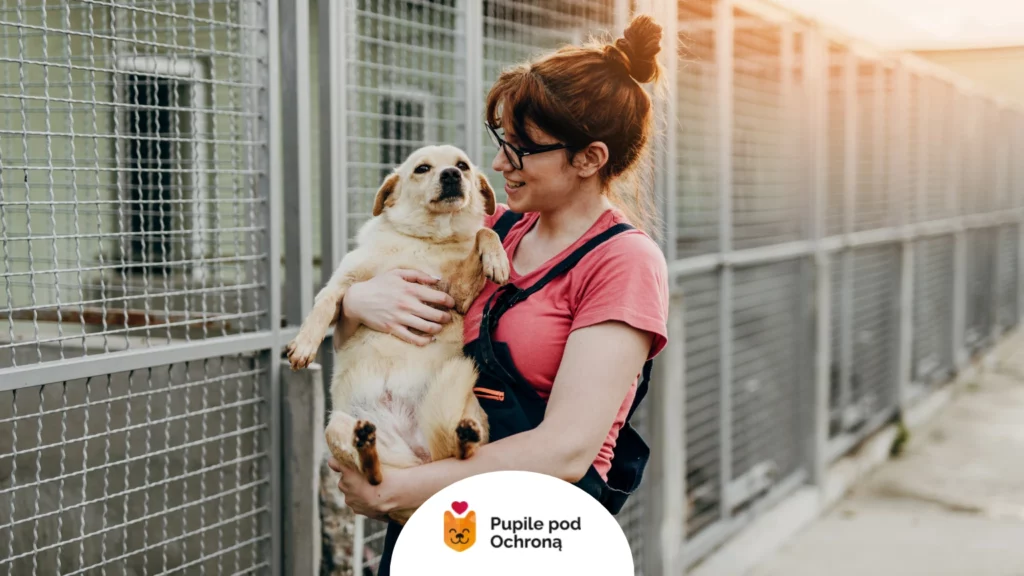 Uśmiechnięta kobieta trzymająca małego psa przed boksami. Udana adopcja psa przynosi ogromną satysfakcję i wzajemną miłość.
