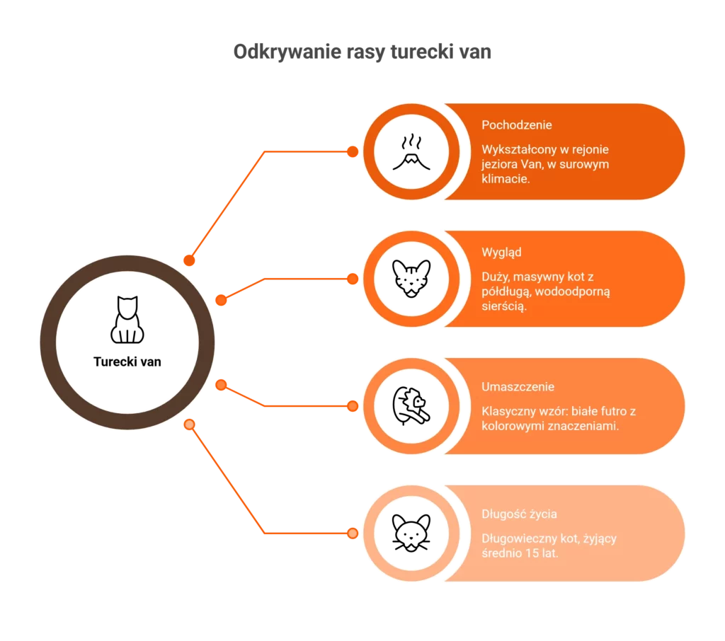 Infografika opisująca cechy rasy turecki van: pochodzenie znad jeziora Van, duży rozmiar, wodoodporną sierść i długowieczność.