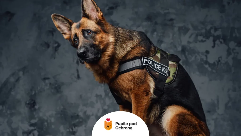 Owczarek alzacki w profesjonalnej uprzęży policyjnej K9.