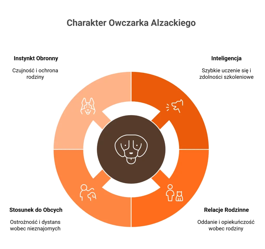 Infografika przedstawiająca kluczowe cechy charakteru owczarka alzackiego.