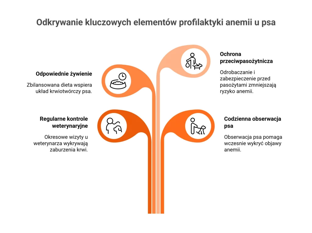 Grafika przedstawiająca profilaktykę anemii u psa: żywienie, ochrona przeciwpasożytnicza i badania kontrolne.