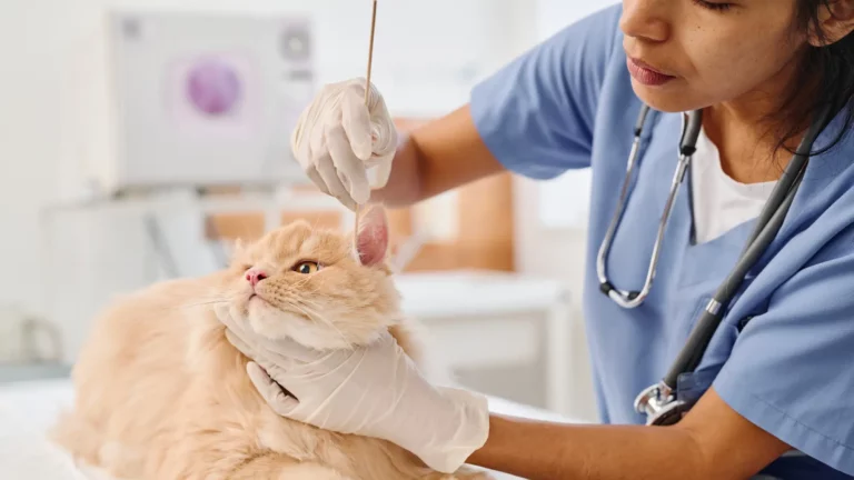 Lekarz weterynarii bada ucho pomarańczowego kota, sprawdzając, czy występują roztocza u kota.