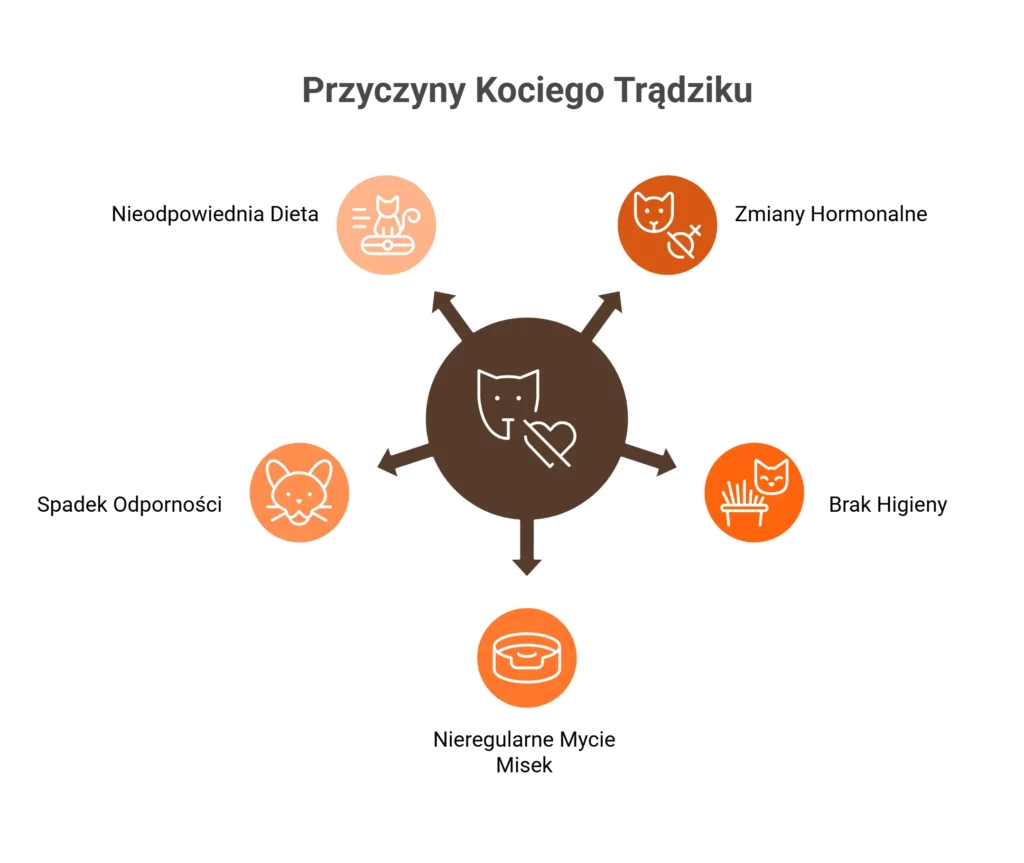 Schemat prezentujący przyczyny kociego trądziku, w tym dietę, hormony, brak higieny i spadek odporności.