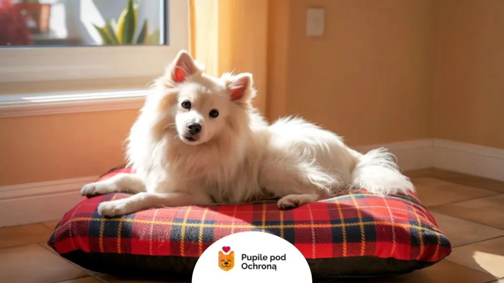 Biały pies odpoczywający na czystym legowisku – higiena u psa w domu.