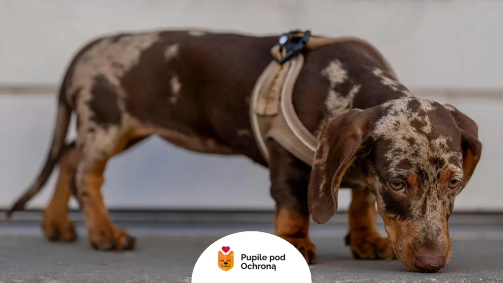 Jamnik merle w szelkach na zewnątrz – codzienna higiena u psa i kontrola skóry.