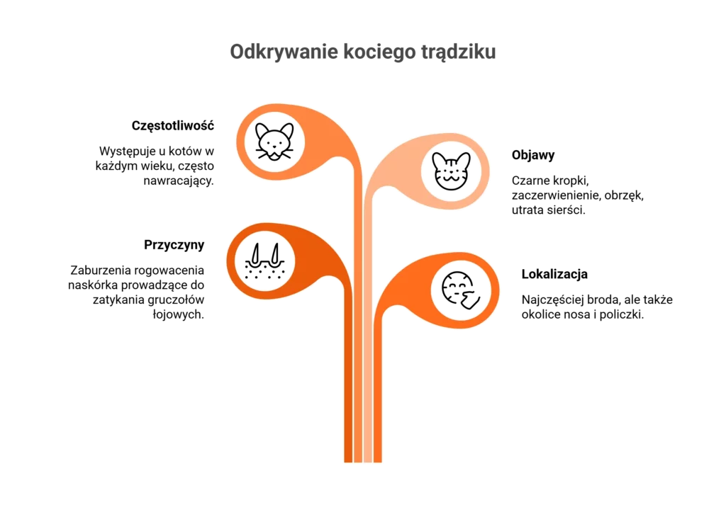 Infografika „Odkrywanie kociego trądziku” przedstawiająca częstotliwość, objawy, przyczyny oraz lokalizację zmian na skórze kota.
