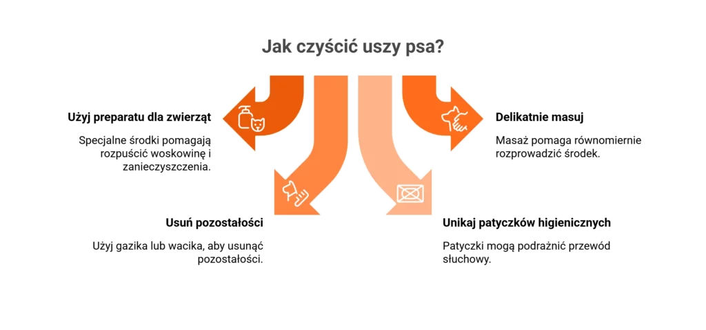 Instrukcja graficzna pokazująca, jak przebiega higiena u psa w zakresie czyszczenia uszu.
