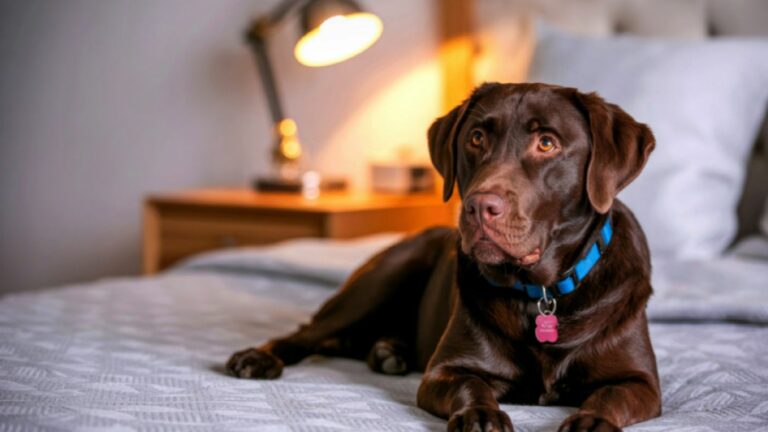 brązowy pies leżący na łóżku