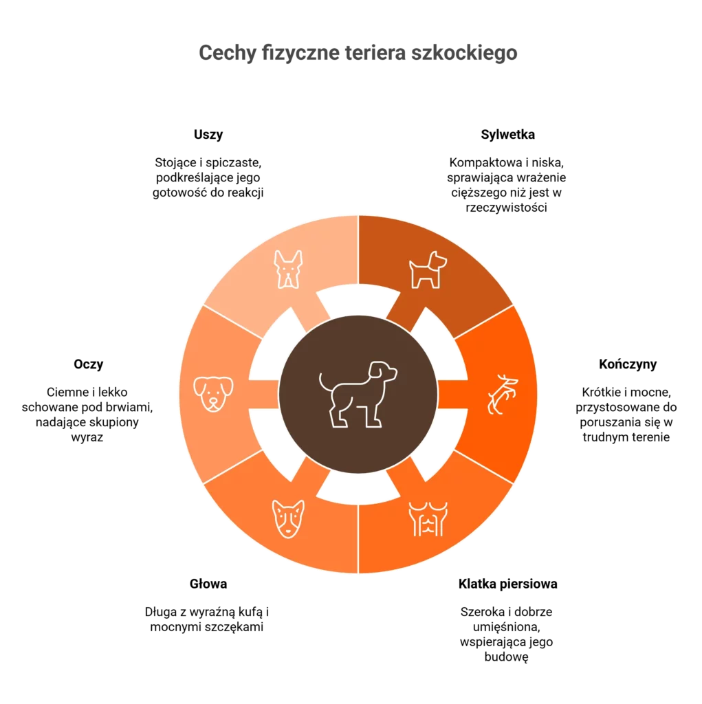 Infografika prezentująca cechy fizyczne psa rasy terrier szkocki.