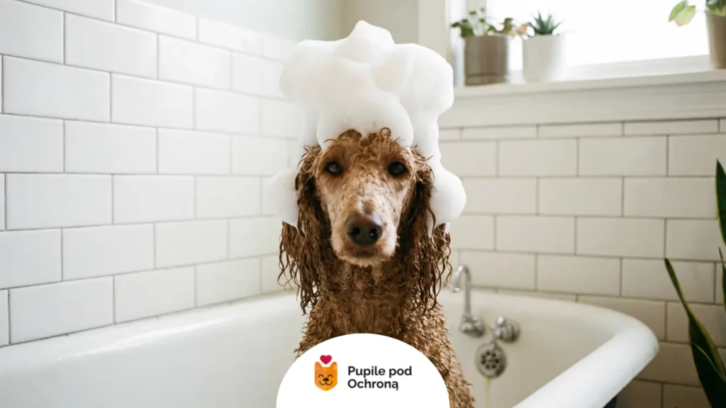 Pies podczas kąpieli w pianie, ilustrujący leczenie i szampon na łupież dla psa.
