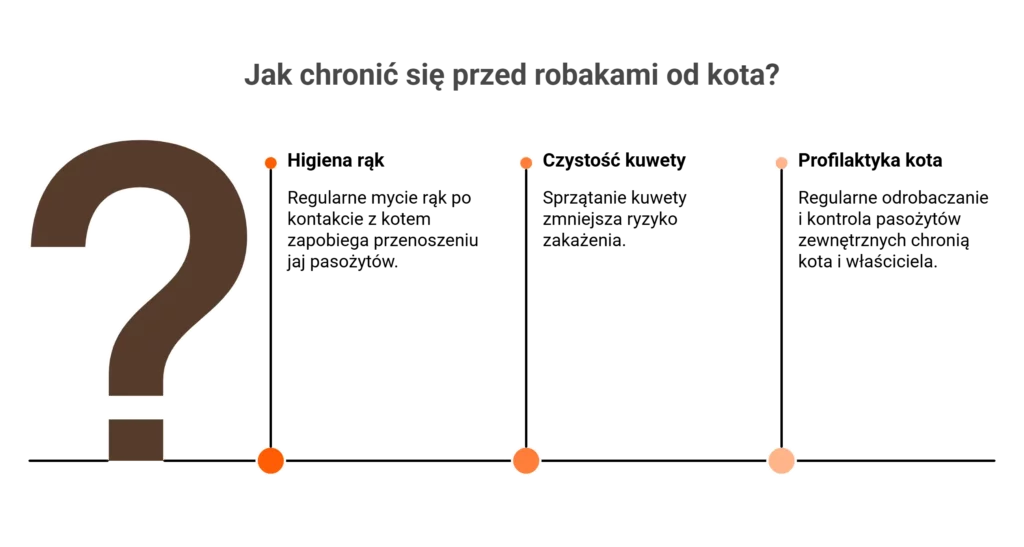 Infografika: Jak chronić się przed robakami od kota? Higiena rąk, czystość kuwety i profilaktyka.