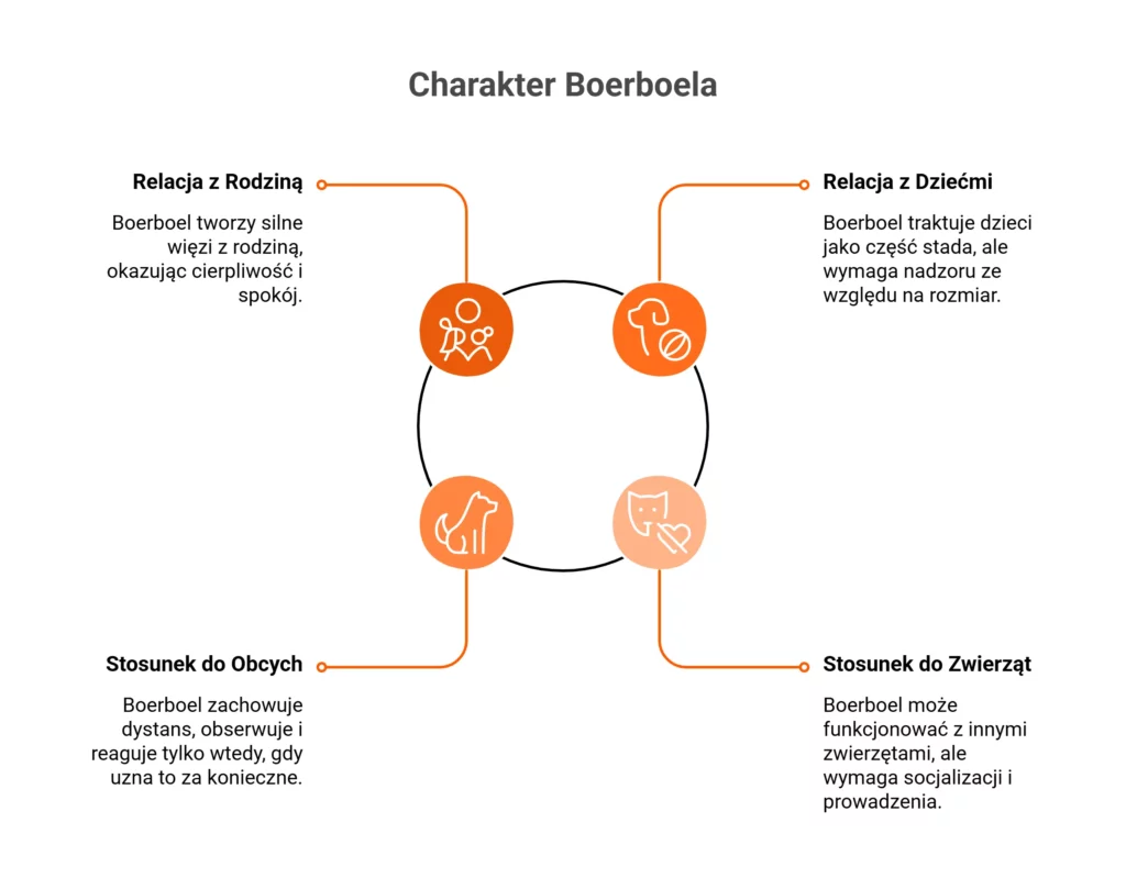 Infografika przedstawiająca cechy i charakter boerboela w relacji z rodziną, dziećmi, obcymi oraz zwierzętami.