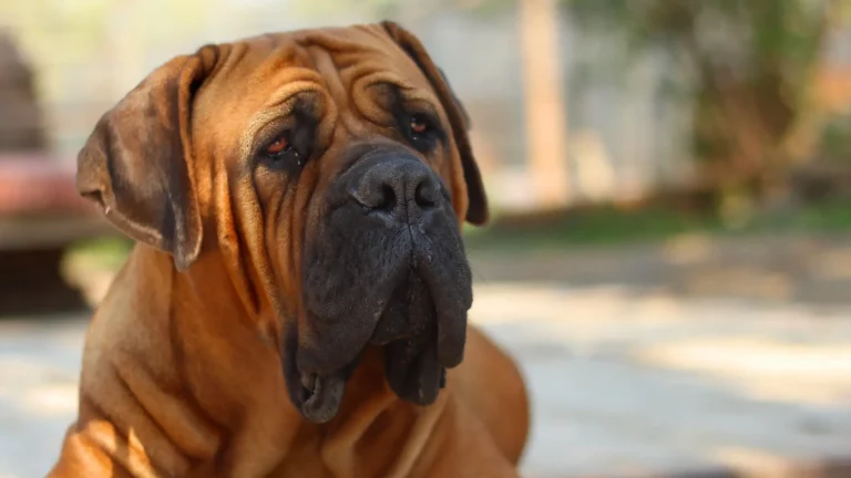 Pies rasy boerboel o płowym umaszczeniu z charakterystyczną czarną maską na szerokim pysku.