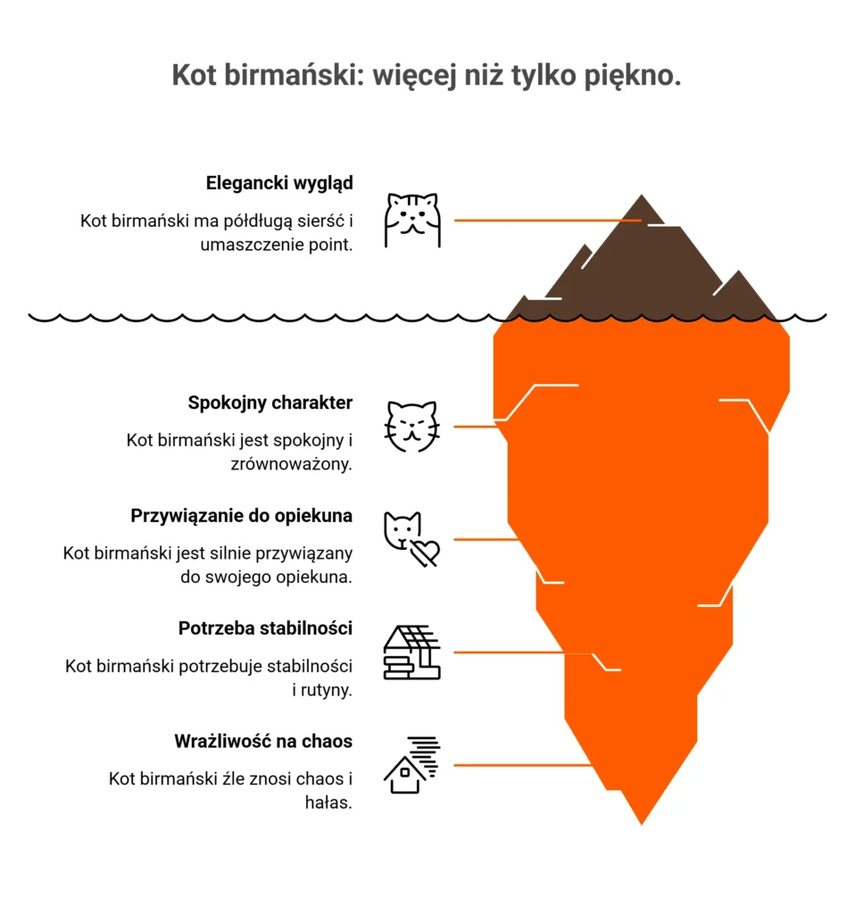 Infografika góra lodowa opisująca, jaki charakter ma kot birmański.