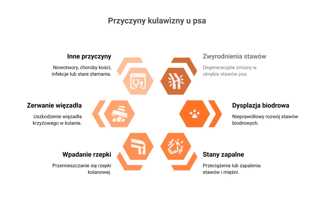 Infografika przedstawiająca najczęstsze przyczyny kulawizny u psa.