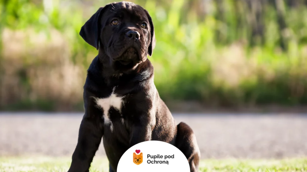 Czarny szczeniak cane corso z białą plamką na piersi.